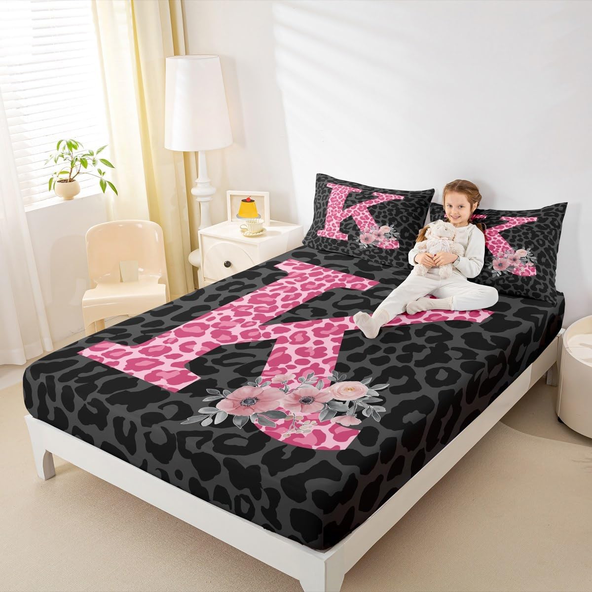 Personalized Pink K Fitted Sheet Grey Cheetah Print Full Size Bed Sheets - Customizable Monogrammed Initial Letter Personalized Gifts Leopard Print Bedding Set