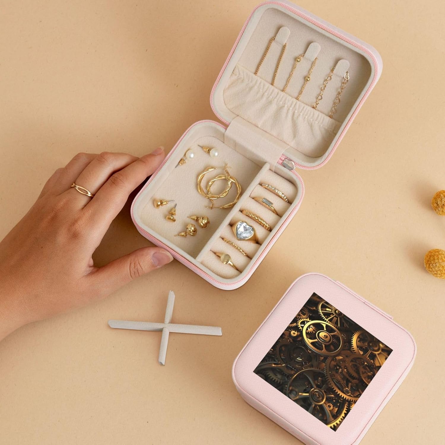 Jewelry Box for Women PU Leather Small Jewelry Organizer Box with Zipper Mini Travel Case Cool Steampunk Gears Display Storage Holder Boxes for Earrings Rings Necklaces Bracelets image 5
