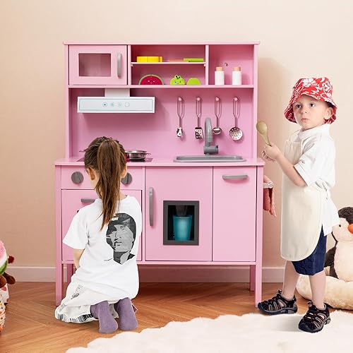 Vista 20 de HONEY JOY Juego de cocina para niños con luces, juego de cocina de madera con 2 contenedores de almacenamiento, cafetera, microondas, máquina