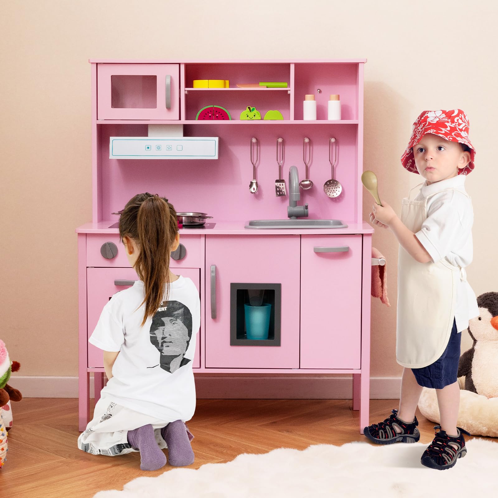 RELAX4LIFE Cucina Giocattolo per Bambini, Gioco Cucina in Legno con Microonde, Forno, Rubinetto, Lavello e 18 PCS Accessori, Mini Cucina per Bambini 3 4 5 6 Anni (Rosa)
