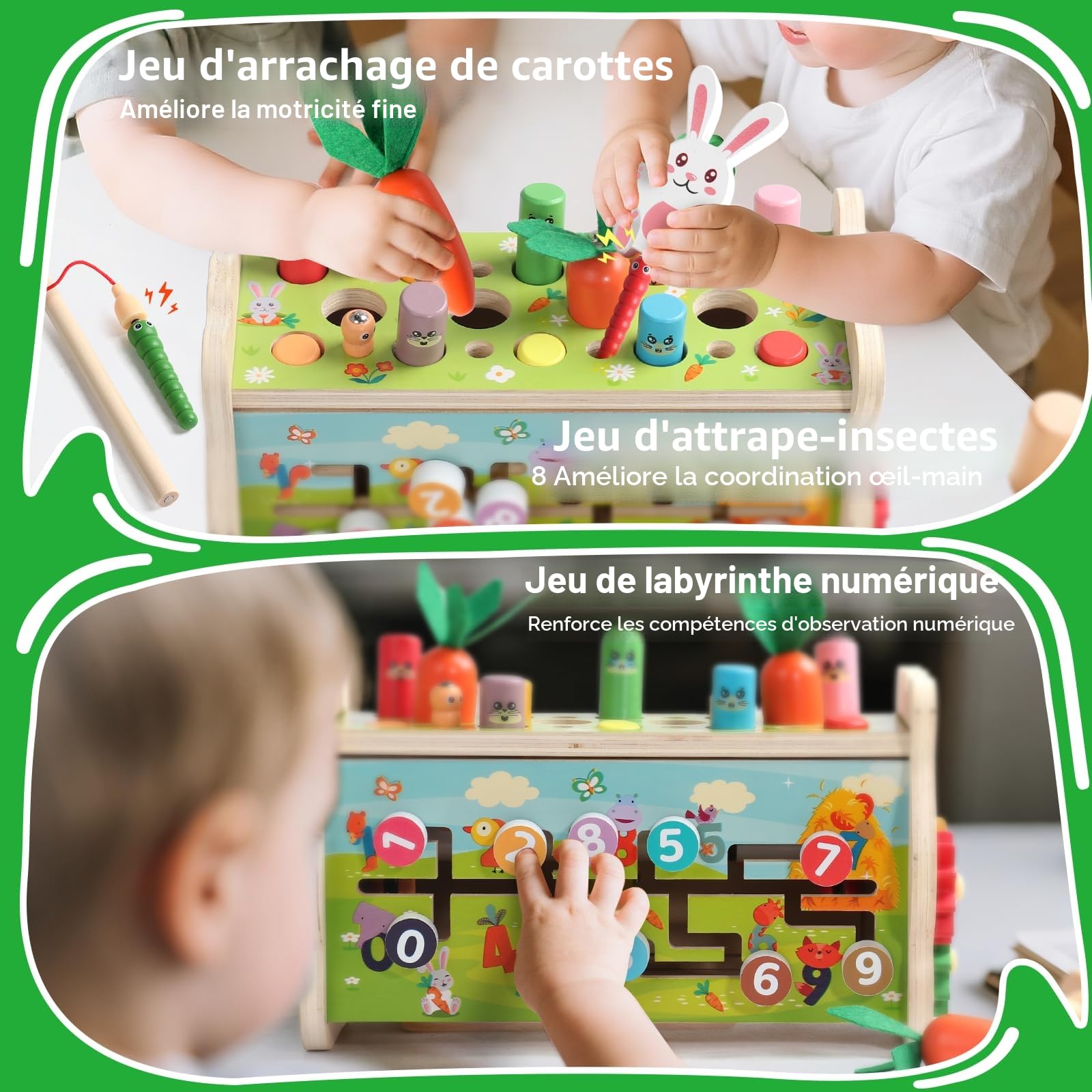 Fajiabao Jouet Bebe 1 an Montessori- 7 en 1 Jeux en Bois Educatif Jouet Enfant 1 an Jeu Marteau et Xylophone Bebe, Cueillir Les Navets, Cadeau Enfant 1 2 3 Ans Garcon Fille Anniversaire