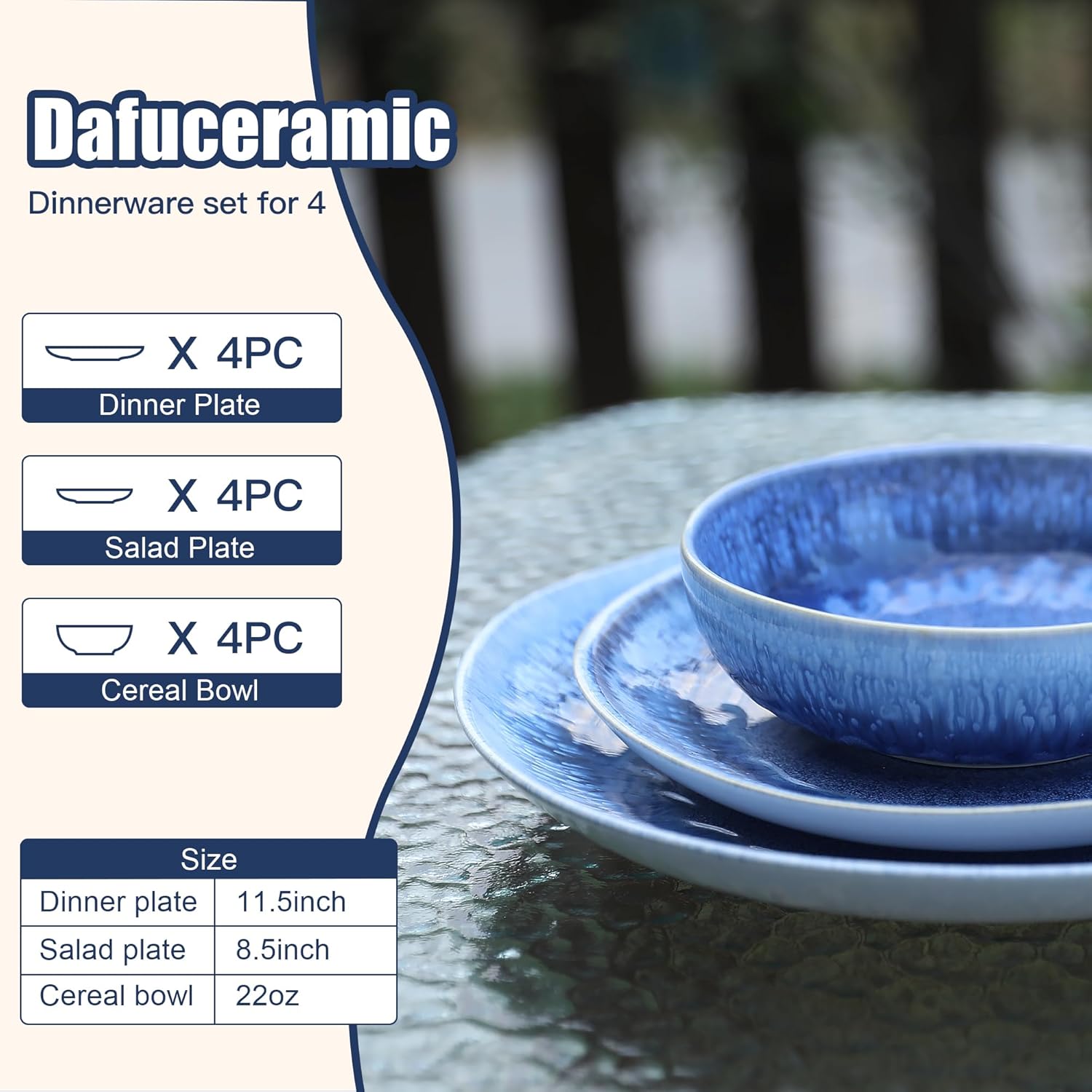 12 Pieces Stoneware Dinnerware Set, Modern Reactive glaze Dish Set for 4, Premium Serving Plates and Bowls Sets,Series MOON(SKY BLUE)