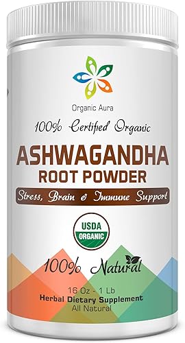Polvo de raíz de Ashwagandha orgánico certificado 16 onzas -1 libra. Apoyo natural para el estrés, el cerebro y el sistema inmunológico. Mejora la