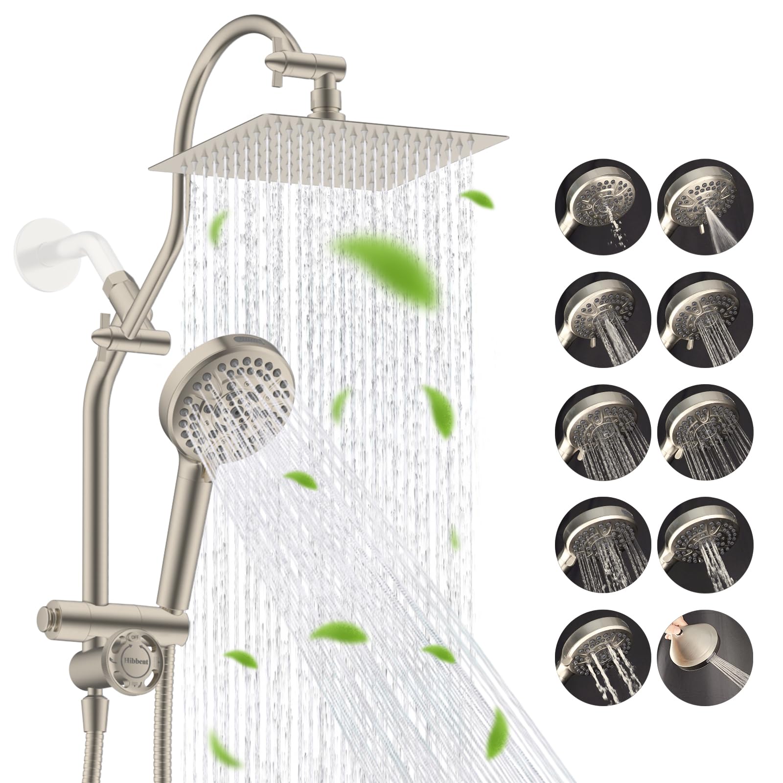Hibbent High Pressue All Metal 8" Rainfall Shower Head, Handheld 10-Spray
