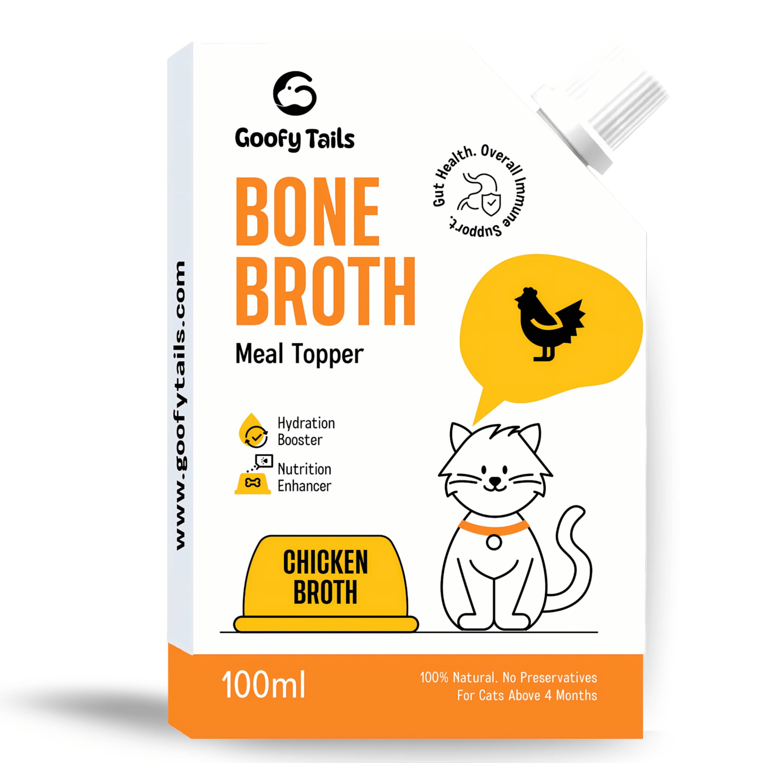 Goofy Tails Chicken Bone Broth for Cats (Value Pack 9+1) 1000 ml (100 ml X 10 Pack), Human Grade, Preservative Free, Gut Friendly Cat Food Topper, Natural Hydrating Liquid Cat Treats, Cat Supplement