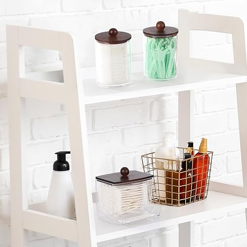 Miniatura 8 de Tbestmax Juego de Accesorios Organizadores para Baño - 10 oz, 7 oz Soporte de Almacenamiento para Hisopos con Tapas de Bambú, Dispensador de Bolas