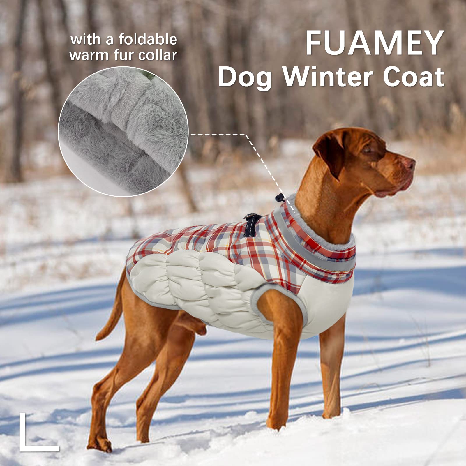 FUAMEY Cappotto invernale per cani con giacca e imbracatura integrati, cappotto per il freddo, con imbottitura e vestiti riflettenti, a quadri rossi da S a XXL