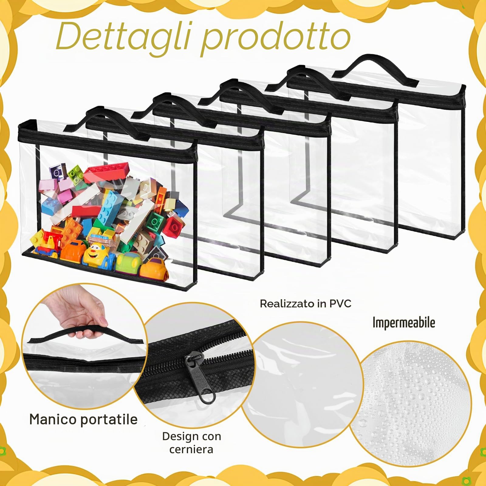 10 pezzi grandi borse portaoggetti per giocattoli, organizer trasparenti PVC impermeabili con chiusura lampo e maniglie