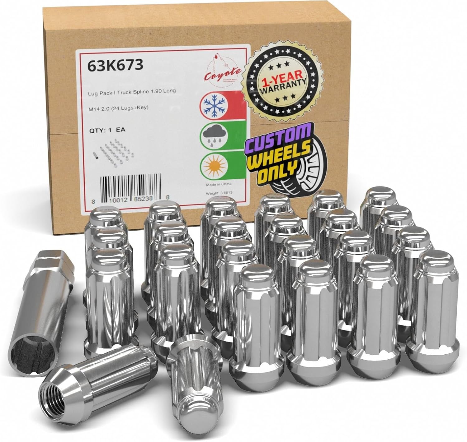 Wheel Accessories Parts 60 Pcs M14x2 14x2 Thread Truck 2.00" Long Spline Lug Nuts Chrome 6 Spline Fits Ford Expedition F-150 F-250 F-350 Super Duty ｜ Lincoln Navigator