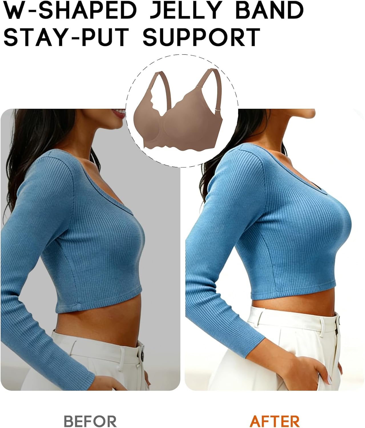 Women's No Underwire Jelly Comfort Wireless Full Coverage Bra, Scalloped Push Up T-Shirt Bra with Convertible Straps - Image 6