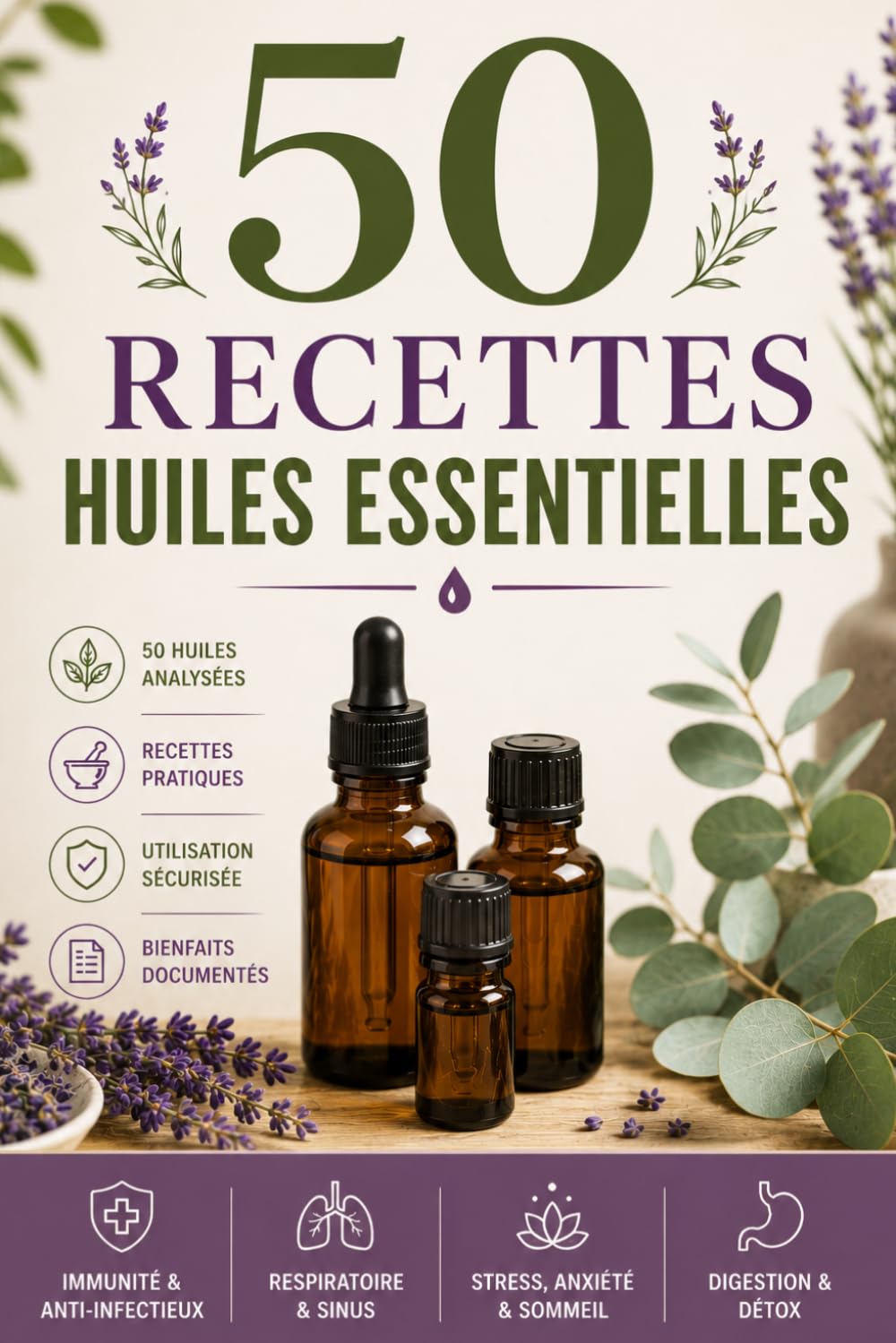 50 Recettes Huiles Essentielles: Le guide complet de l'aromathérapie — Bienfaits, recettes et sécurité pour chaque huile