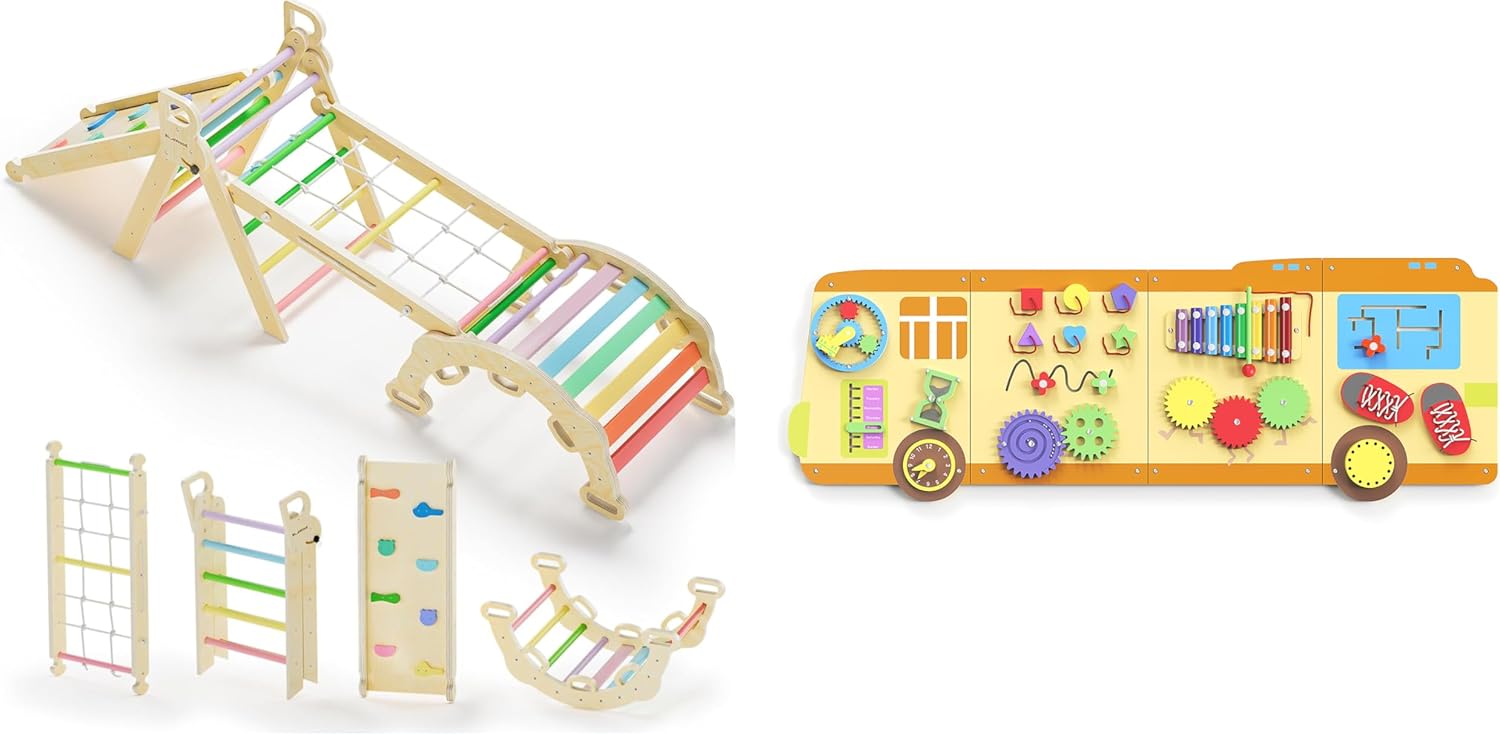 BlueWood 2024 8 in 1 Pikler Triangle Climbing Set, School Bus Wall Busy Board Panels