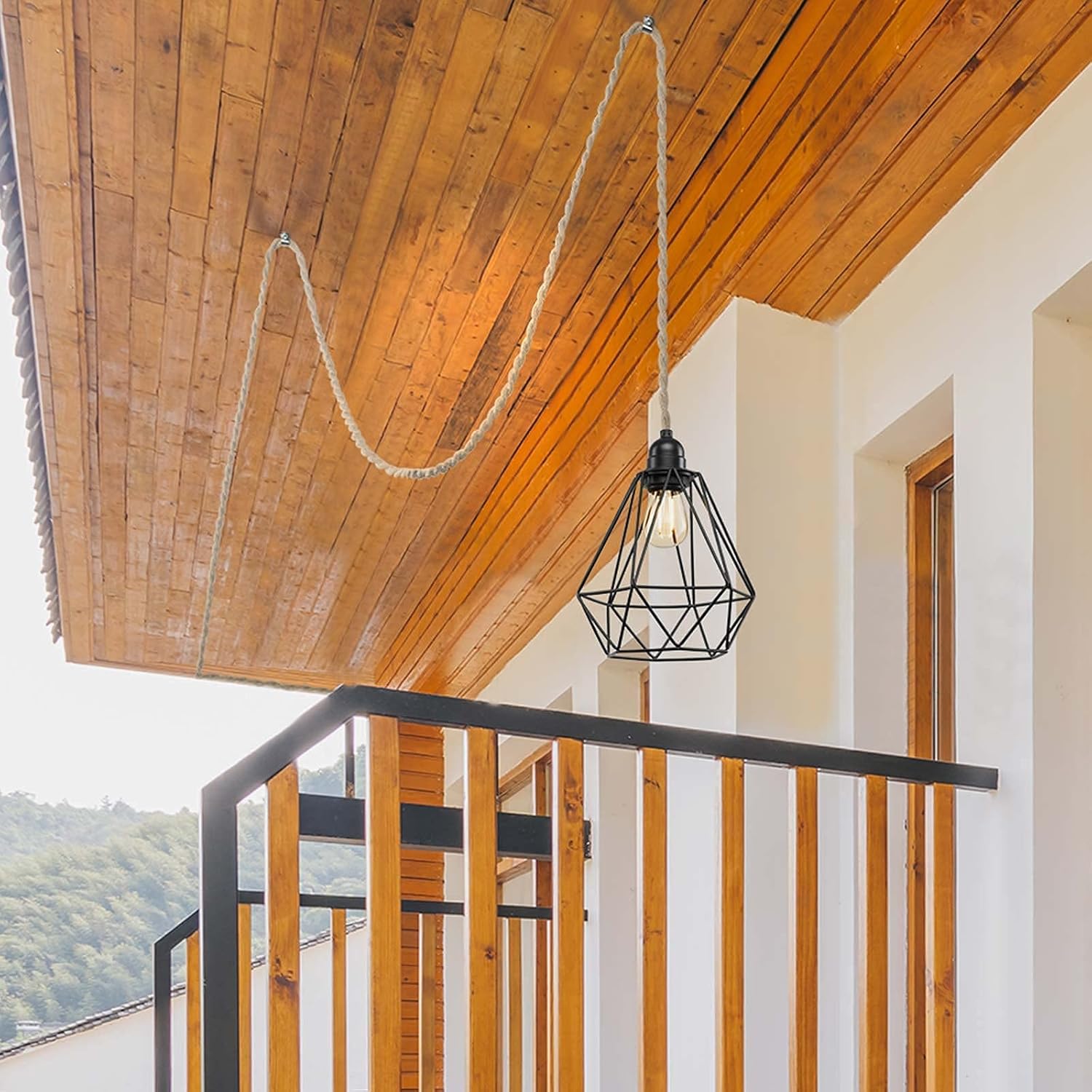 Industrial Weatherproof Ceiling Pendant Light Kit with Twisted Hemp Rope Hanging Lighting Cord Fixture 15 FT Outdoor Chandelier for Industrial DIY Projects,Outdoor Lighting Fixtures