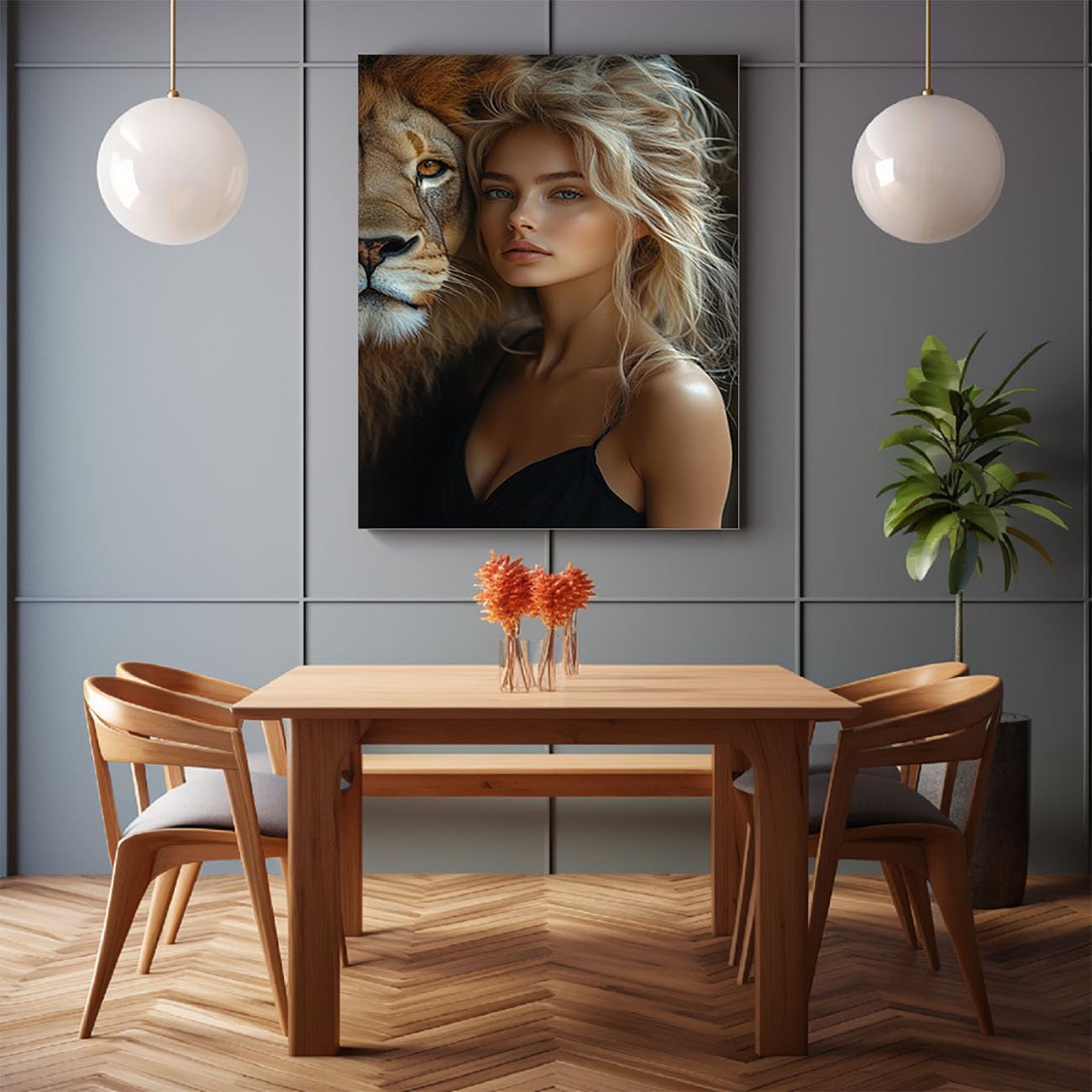 WIKEO Obrazy Dekoracja Afrykańska dziewczyna abstrakcyjna dziewczyna i lew plakat na ścianę na płótnie, druk na płótnie, sypialnia salon (czarny-80 x 120 cm bez ramki