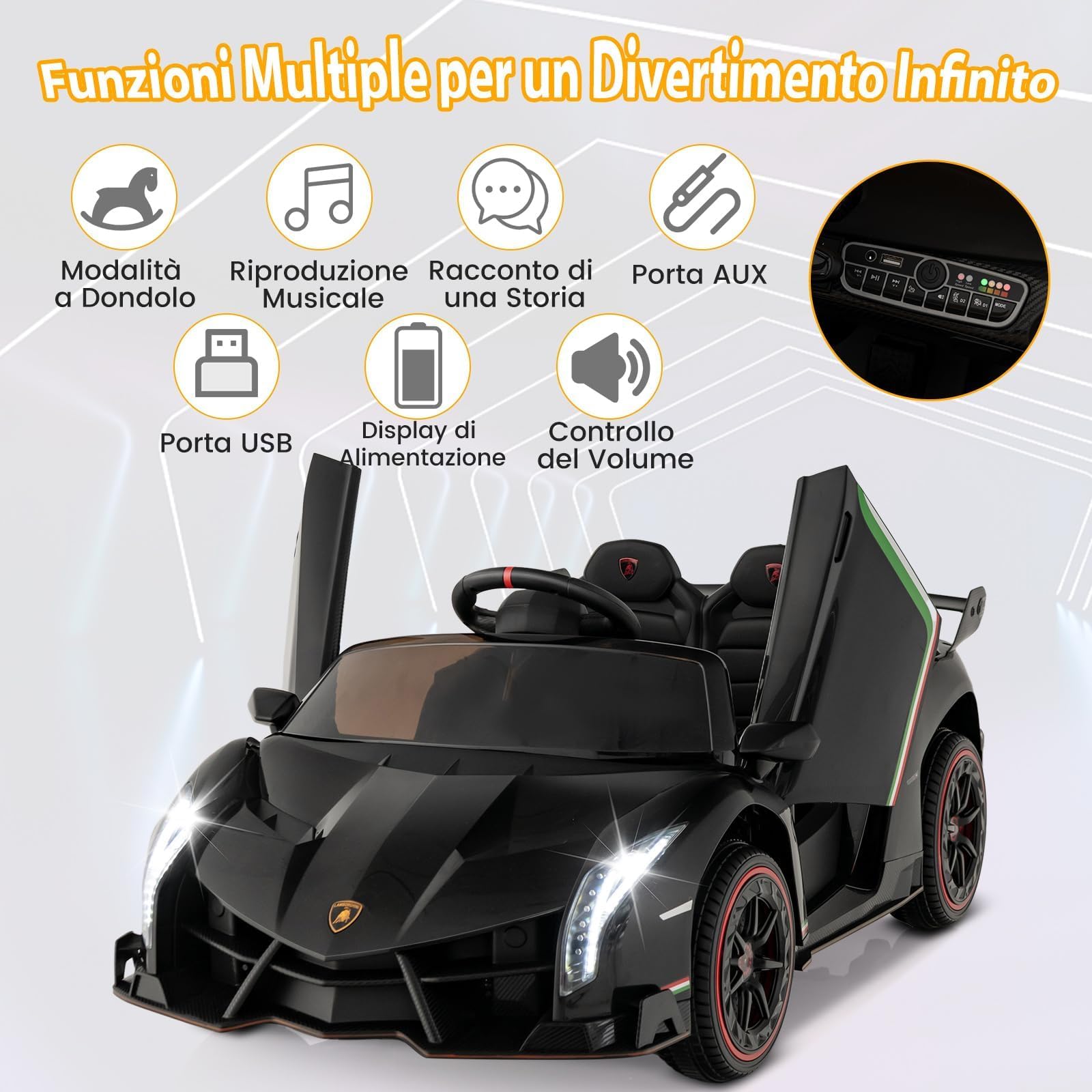 GYMAX Auto Elettrica Lamborghini, Macchina Giocattolo a Trazione Integrale con Telecomando, Luci LED, Funzione USB & MP3 & Dondolo, Veicolo per Bambini 3-8 Anni, Velocità 3-6 KM/H (Nero)