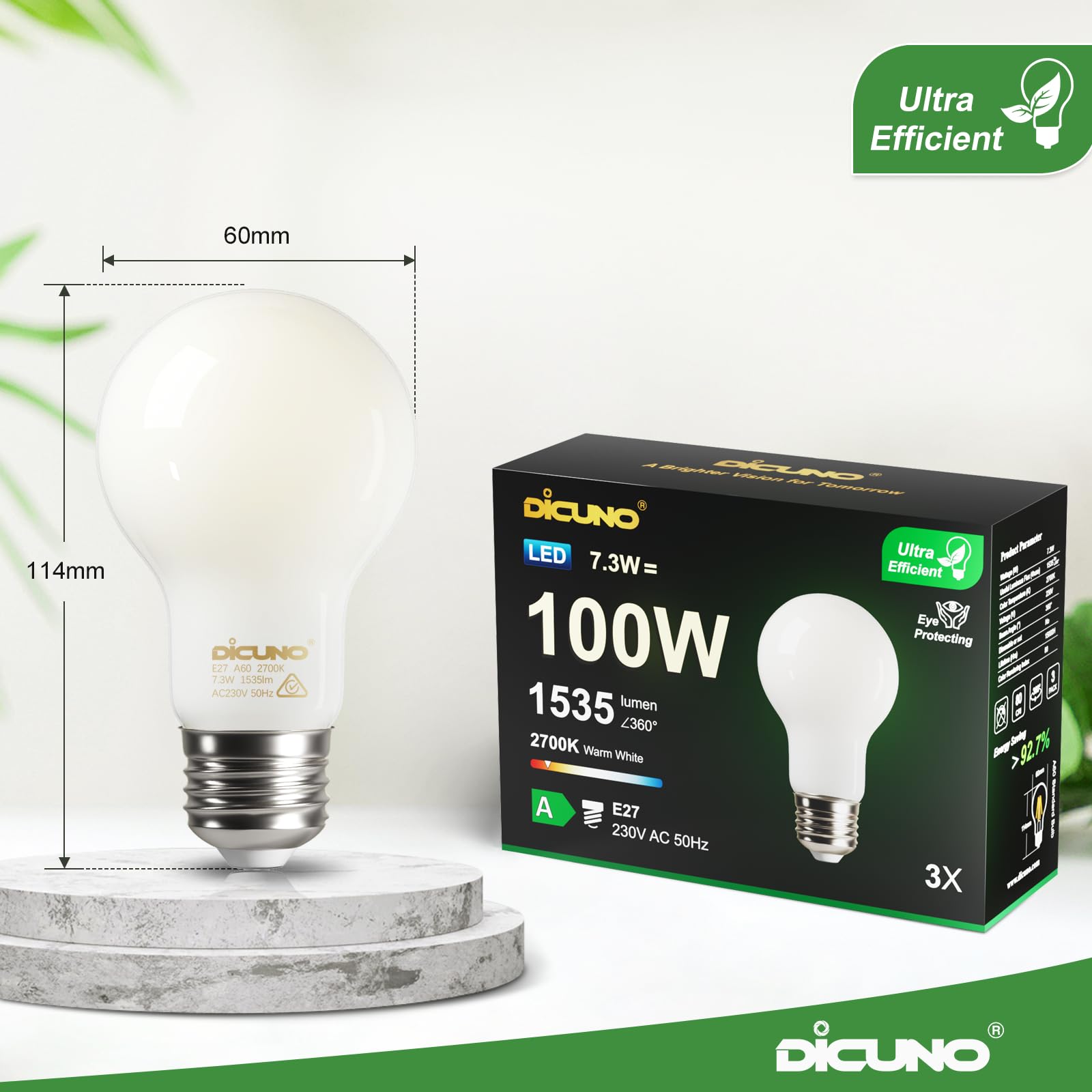 DiCUNO E27 Edison Screw Light Bulb, 7.3W (100W Equivalent), Glass Filament Bulb A60, Energy Efficient A Class LED, 2700K - Image 4