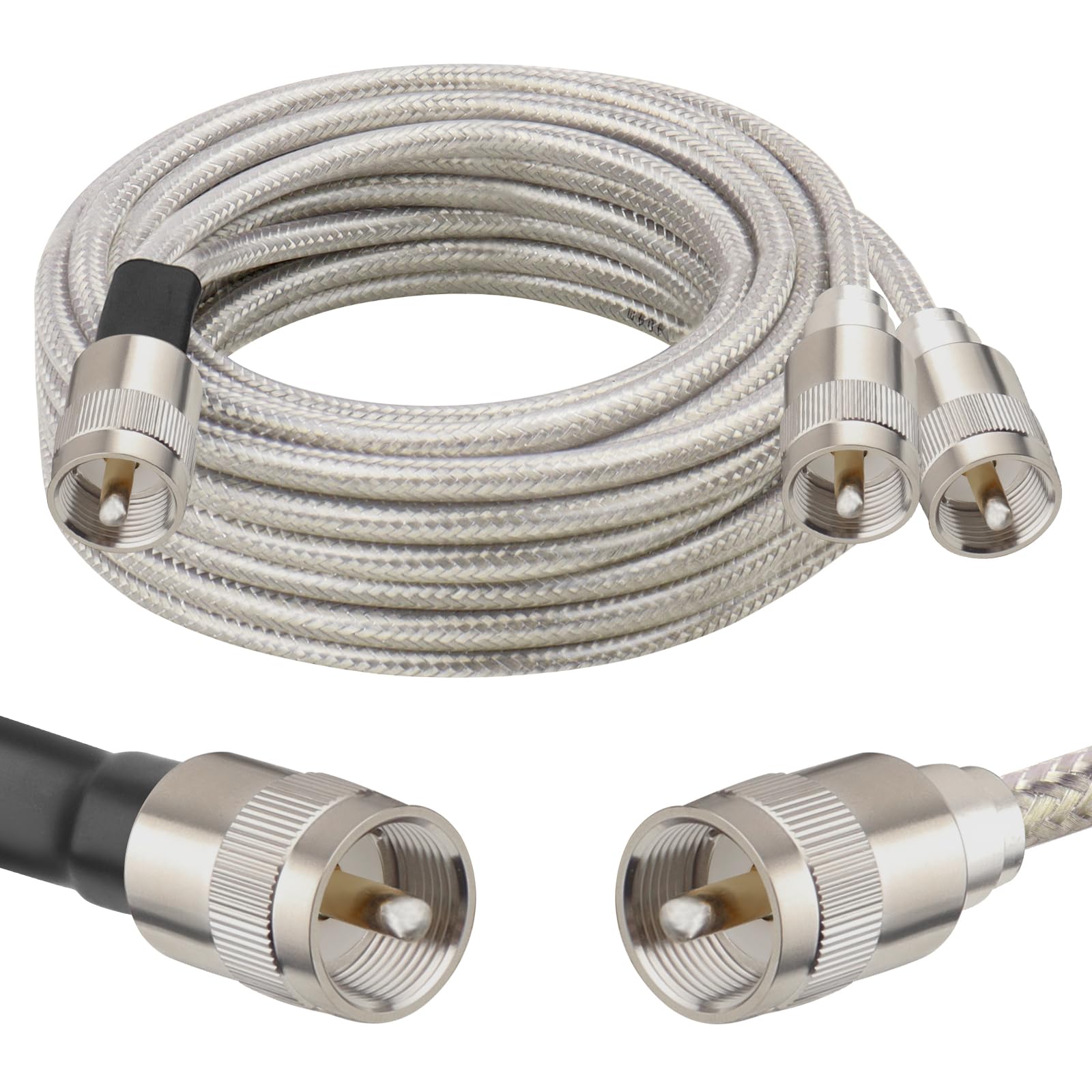 Cable coaxial de antena CB dual de baja pérdida RG8X Mookeerf con 3 conectores PL-259 7