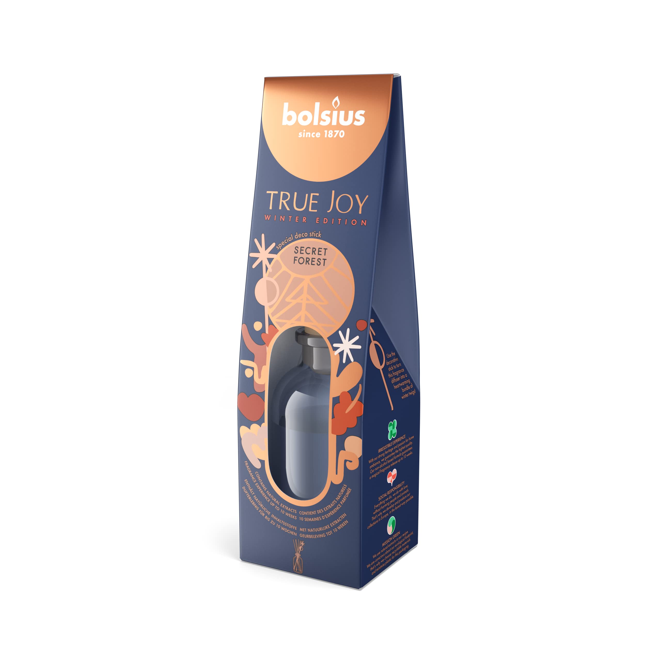 Bolsius True Joy Aroma Diffuser with 8 Sticks - Secret Forest Fragrance - with Natural Extracts - Duration: up to 10 Weeks - Air Fresheners - No Alcohol - 80ml