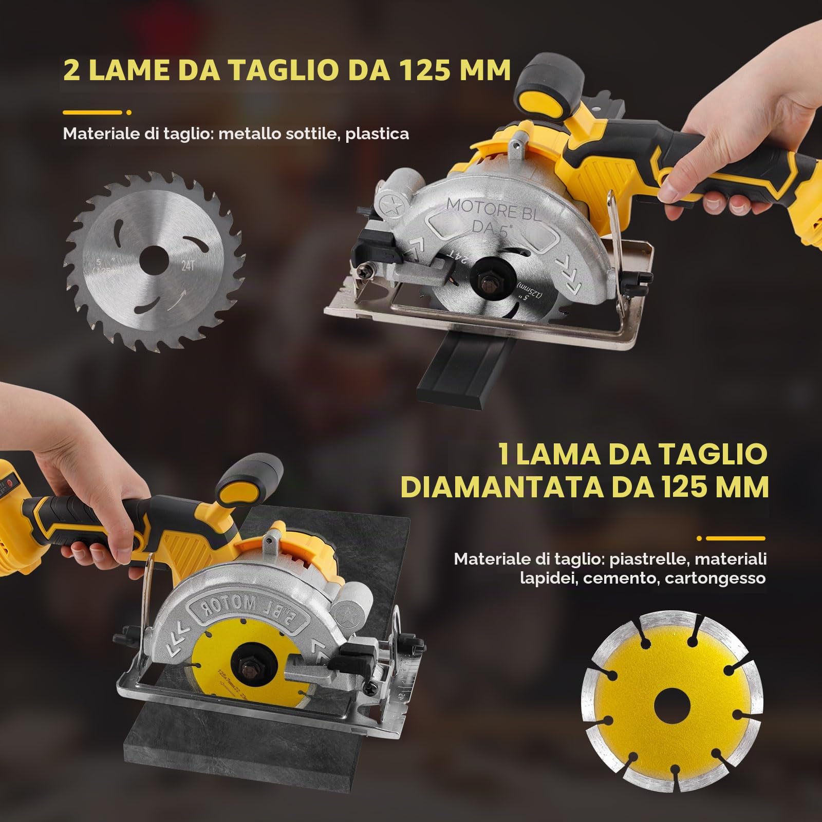 Sega circolare senza fili per Dewalt batteria da 18 V, 6200 giri/min, sega circolare professionale senza spazzole da 12,7 cm, con 3 lame, angolo di taglio 0-45°, per tagliare legno, plastica,