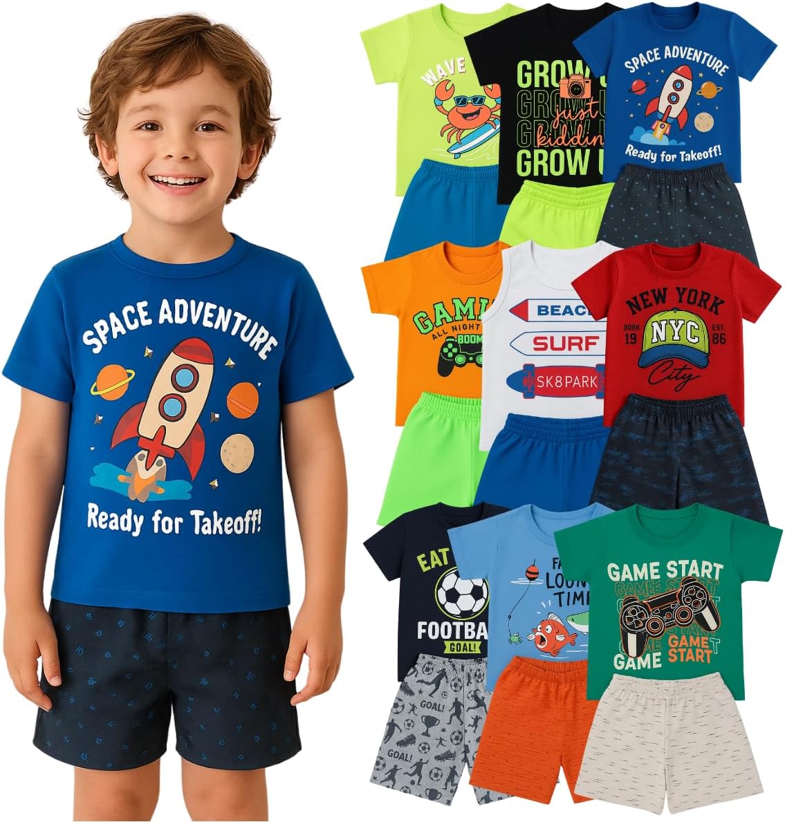 Kit 10 Peças Infantil Menino Verão Conjuntos Blusa e Short em Algodão, Roupas Leves e Confortáveis, Moda Infantil Masculino, Looks Casuais e Coloridos 1 a 8 Anos