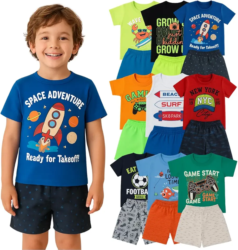Kit 10 Peças Infantil Menino Verão Conjuntos Blusa e Short em Algodão, Roupas Leves e Confortáveis, Moda Infantil Masculino, Looks Casuais e Coloridos 1 a 8 Anos