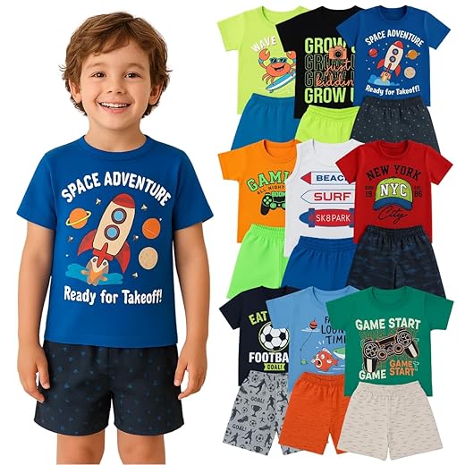 Kit 10 Peças Infantil Menino Verão Conjuntos Blusa e Short em Algodão, Roupas Leves e Confortáveis, Moda Infantil Masculino, Looks Casuais e Coloridos 1 a 8 Anos