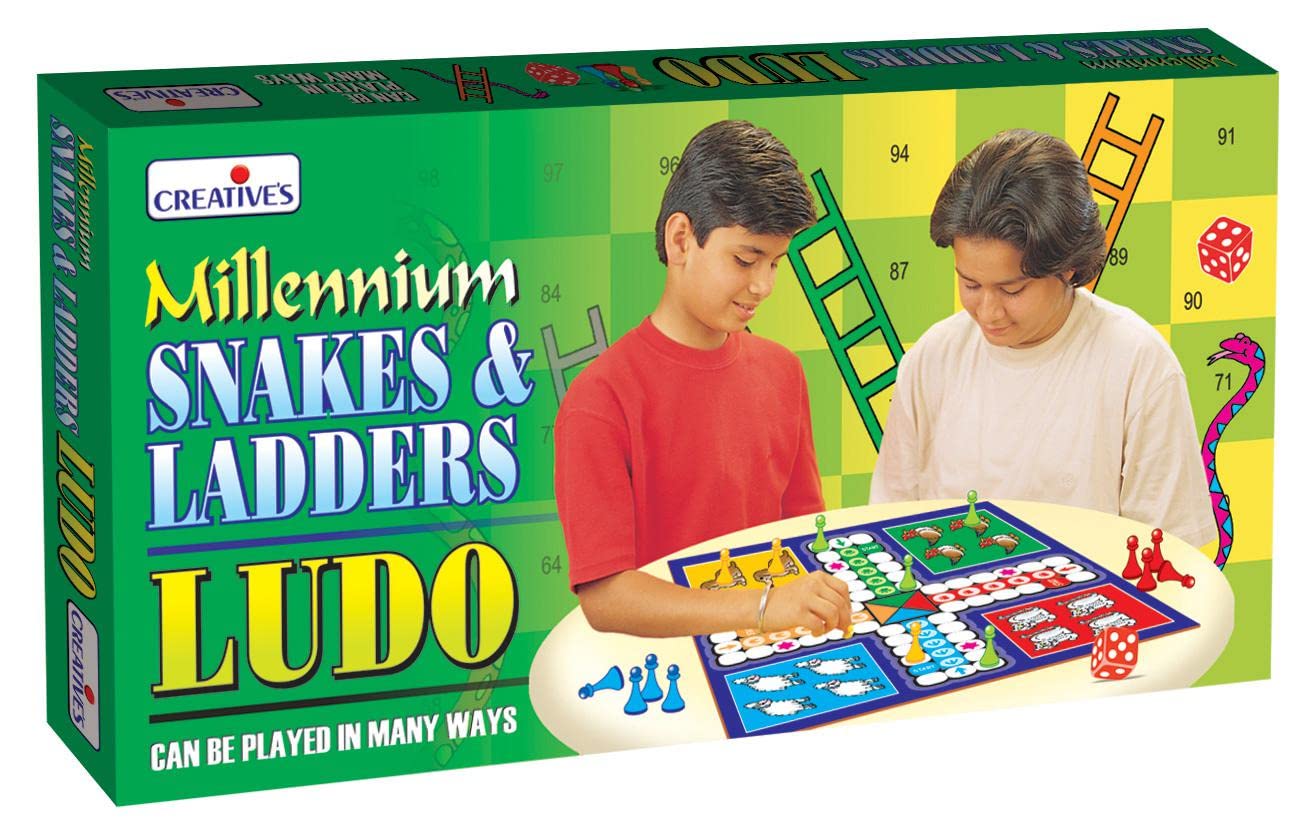 Creative's Millennium Ludo and Snakes & Ladders Board Game |Play Board | Ludo Game | Saap Seedhi Travel Board Game for Child devlopment Ages -4 Years and Up | 2 Dice | 16 Play Pieces