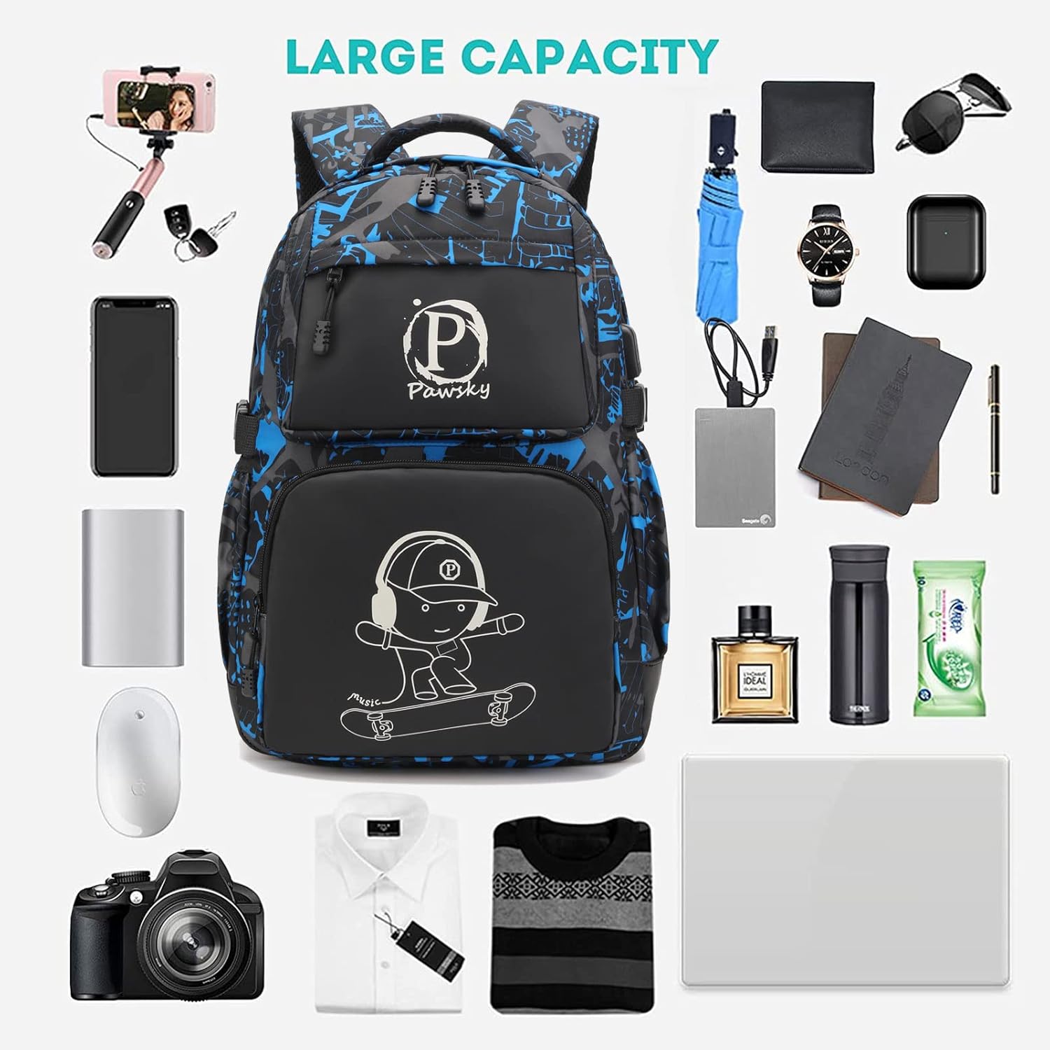 Skateboard Anime Luminous Backpack School Backpack with USB Charging Port for Teen Boys, College School Bookbag Lightweight Laptop Bag with Sling Bag Set, Blue - Image 7