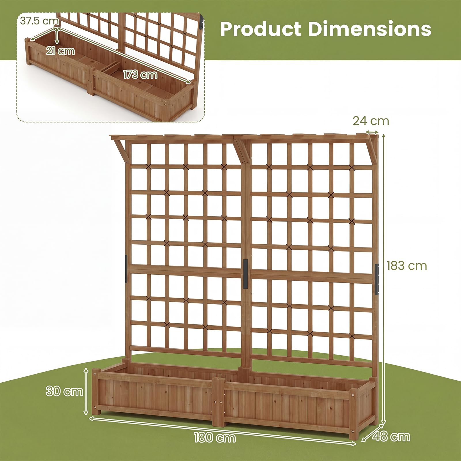 HOMASIS 3 en 1 Lit de Jardin Surélevé en Bois avec Treillis, Jardinière d’Extérieur avec Trous de Drainage et Bac à Plantes, pour Plantes Grimpantes, Légumes, Fleurs, 180 x 48 x 183 cm (Marron)