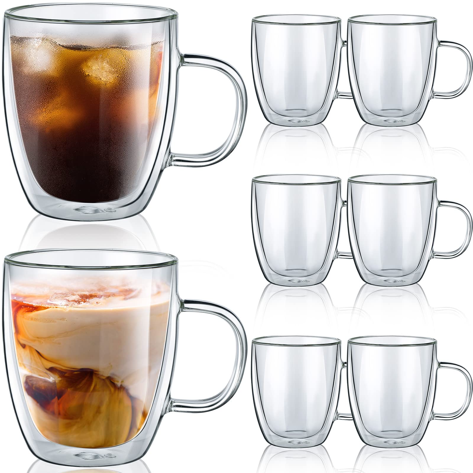 8 Pack Double Wall Glass Coffee Mugs Glass Coffee Cups with Handle Insulated Coffee Mug Glass Cups for Cafe Latte Milk Juice Glassware Gift for Christmas Birthday (16 Oz) (16 Oz)