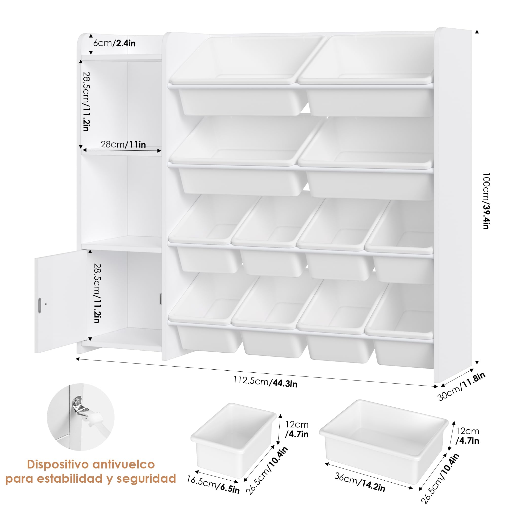 FOREHILL Mueble Almacenaje Juguetes Librería Infantil Montessori Estantería Infantil para Jugetes Organizador Juguetes Niños, Blanco, 12 Cajas Extraíbles para Dormitorios Guardería 112.5x30x100cm