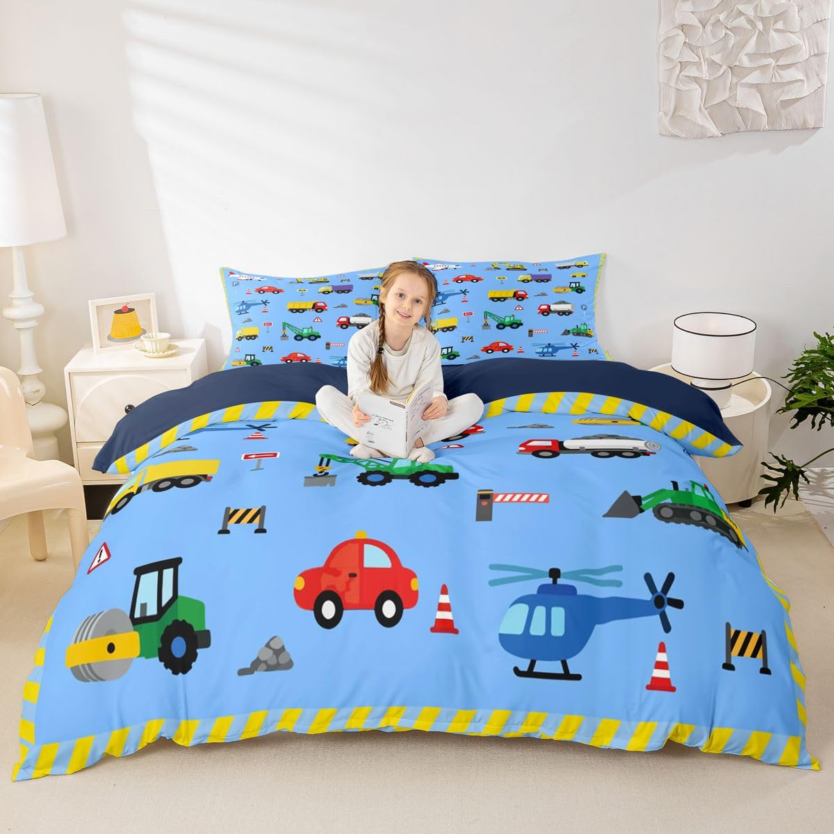 Manfei Cartoon Truck Comforter Cover Super King Size,Boys Construction Vehicles Bedding Set 3 Pcs for Adults Men Women Bedroom Decor,Cute Cars Theme Breathable Bed Cover(No Comforter)