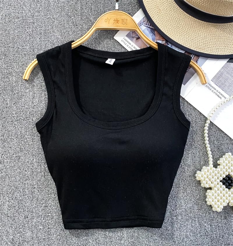 Top corto con cuello Halter y hombros descubiertos for mujer, camisetas sin mangas con sujetador integrado, camisola de algodón for mujer, verano 2023 Almighty ( Color : C black , Size : One Size )