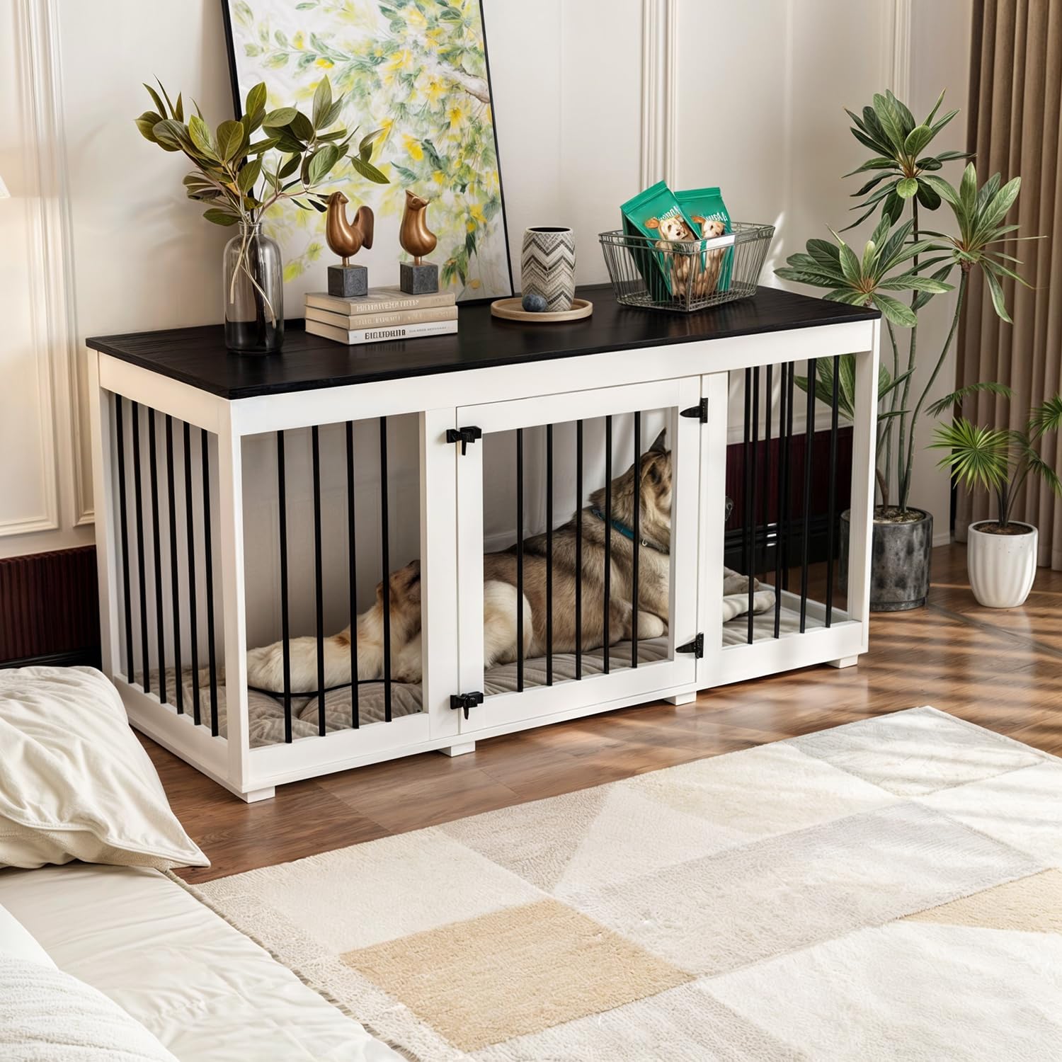 Cage Moderne pour Chien avec 1 Porte grillagée,Niche pour Chien en MDF et métal,Cage de Transport pour Animal Domestique, Respirante,Niche d'intérieur pour Moyenne,136.2x56.2x70cm