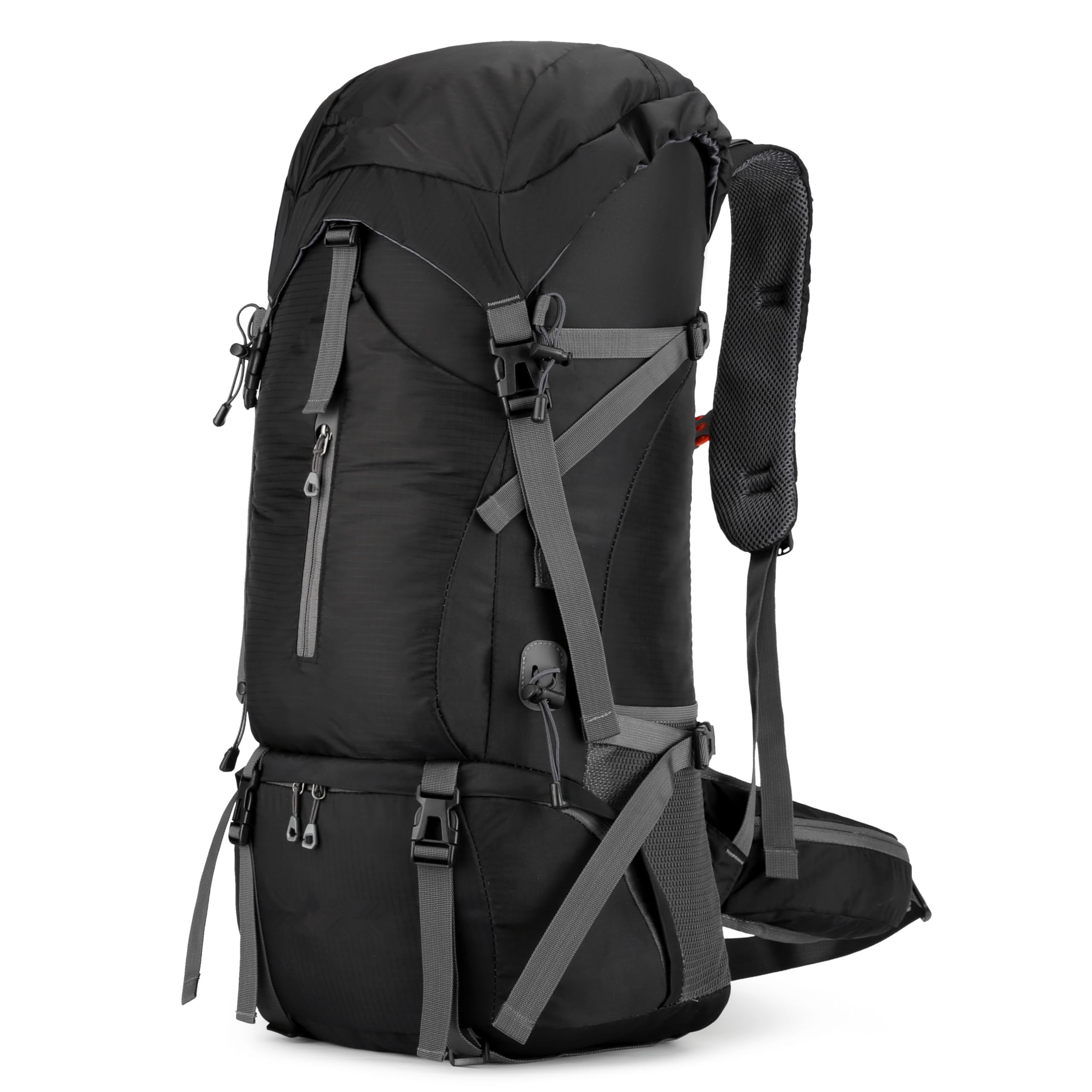 VINGVO 65 + 5 l de gran volumen con funda para la lluvia, parte trasera transpirable, impermeable, para senderismo, camping, montañismo, color negro