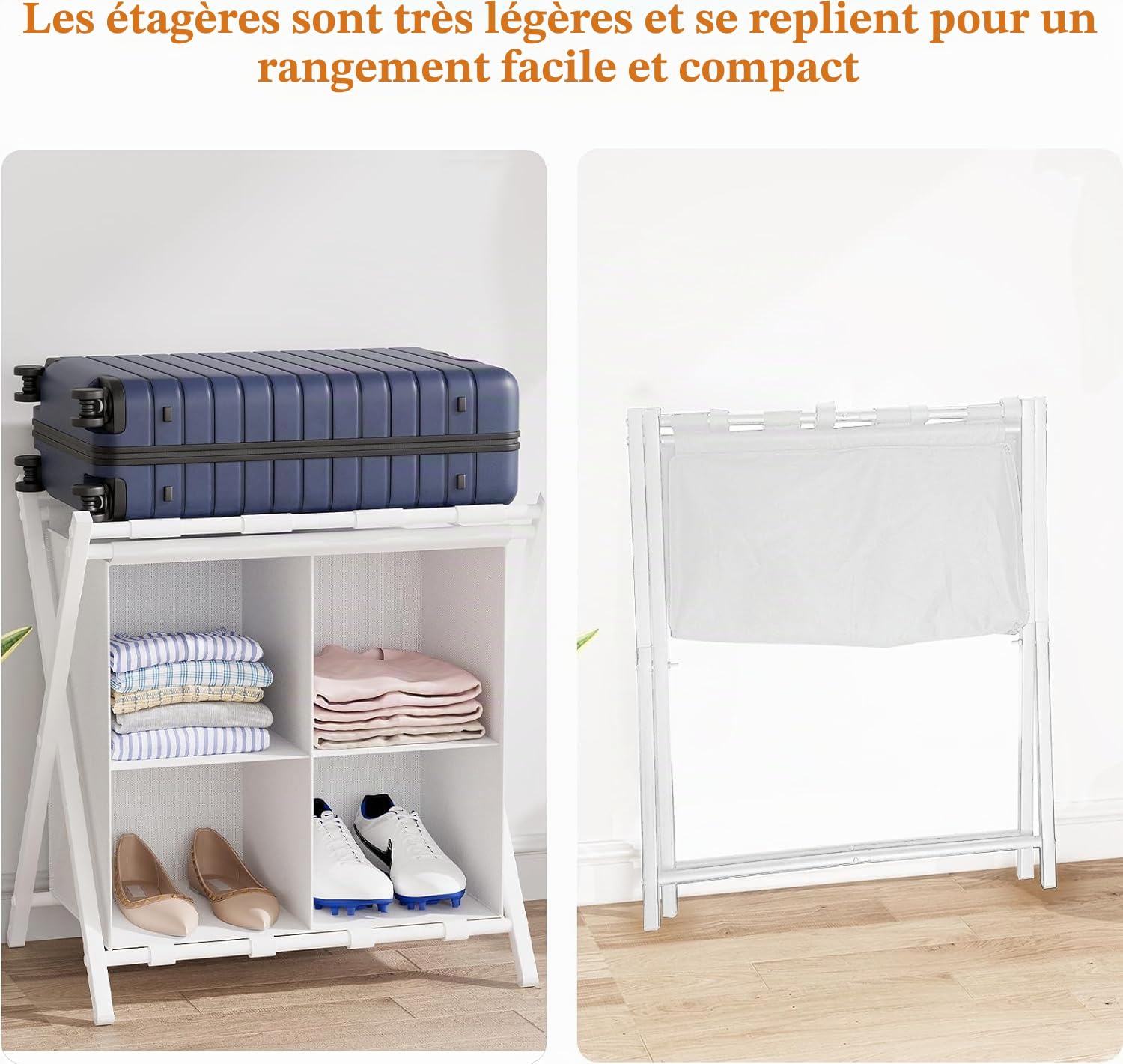 Lot de 2 porte-bagages pliables avec compartiments de rangement, pour chambre d'amis, chambre à coucher, hôtel, bagages de voyage (blanc)