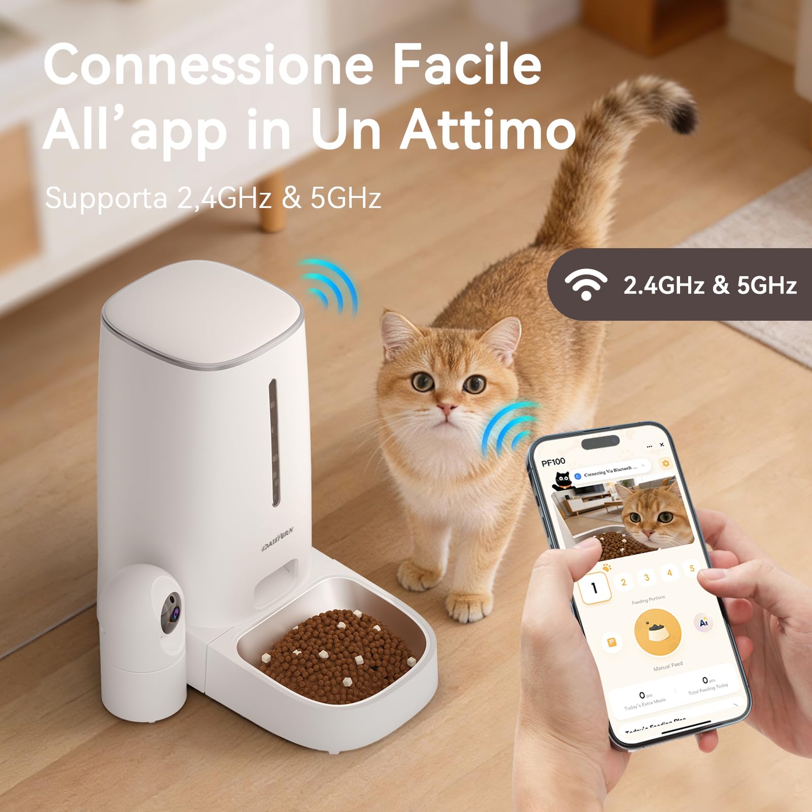 DAISTERN Distributore Automatico Cibo WiFi per Gatti e Cani con Telecamera HD 1080P, Dispenser Crocchette con Camera Rimovibile, Visione Notturna, Supporto 2,4G/5G, AI Funzione, Tuya App
