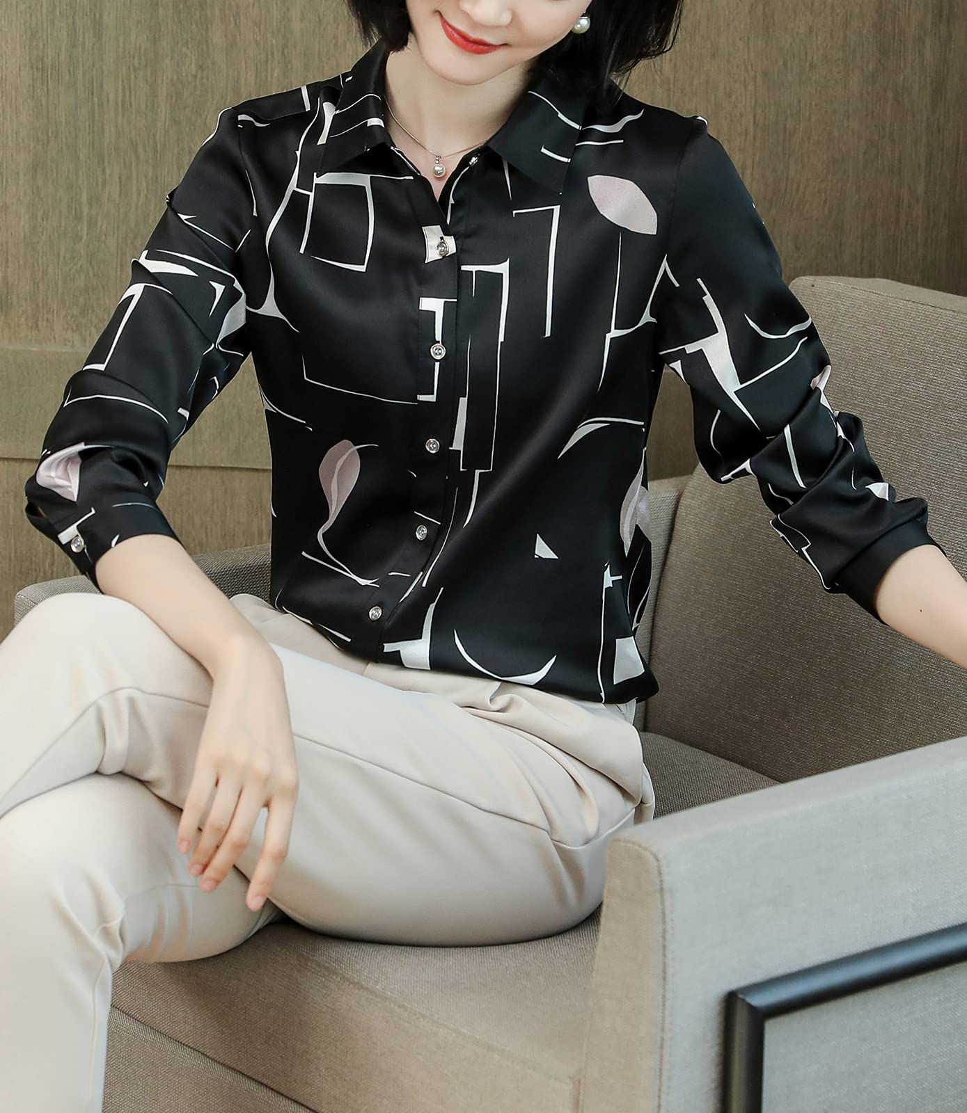 E-girl Blusa de seda para mujer, camisa de seda sólida, con botones, blusa de manga larga, blusa de seda, S9080