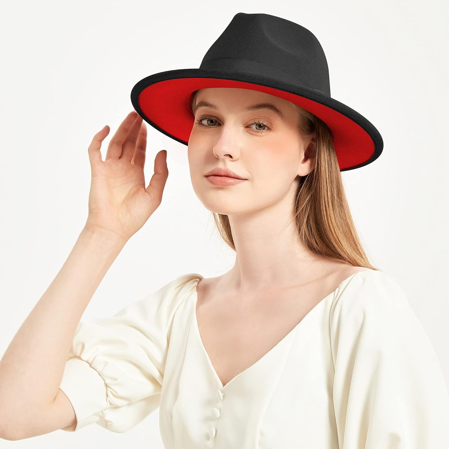 KUJUHA Fedora Hats for Mens/Womens Felt FedoraHats Two Tone Wide Brim Fedora Hats Rancher Hat - Image 6