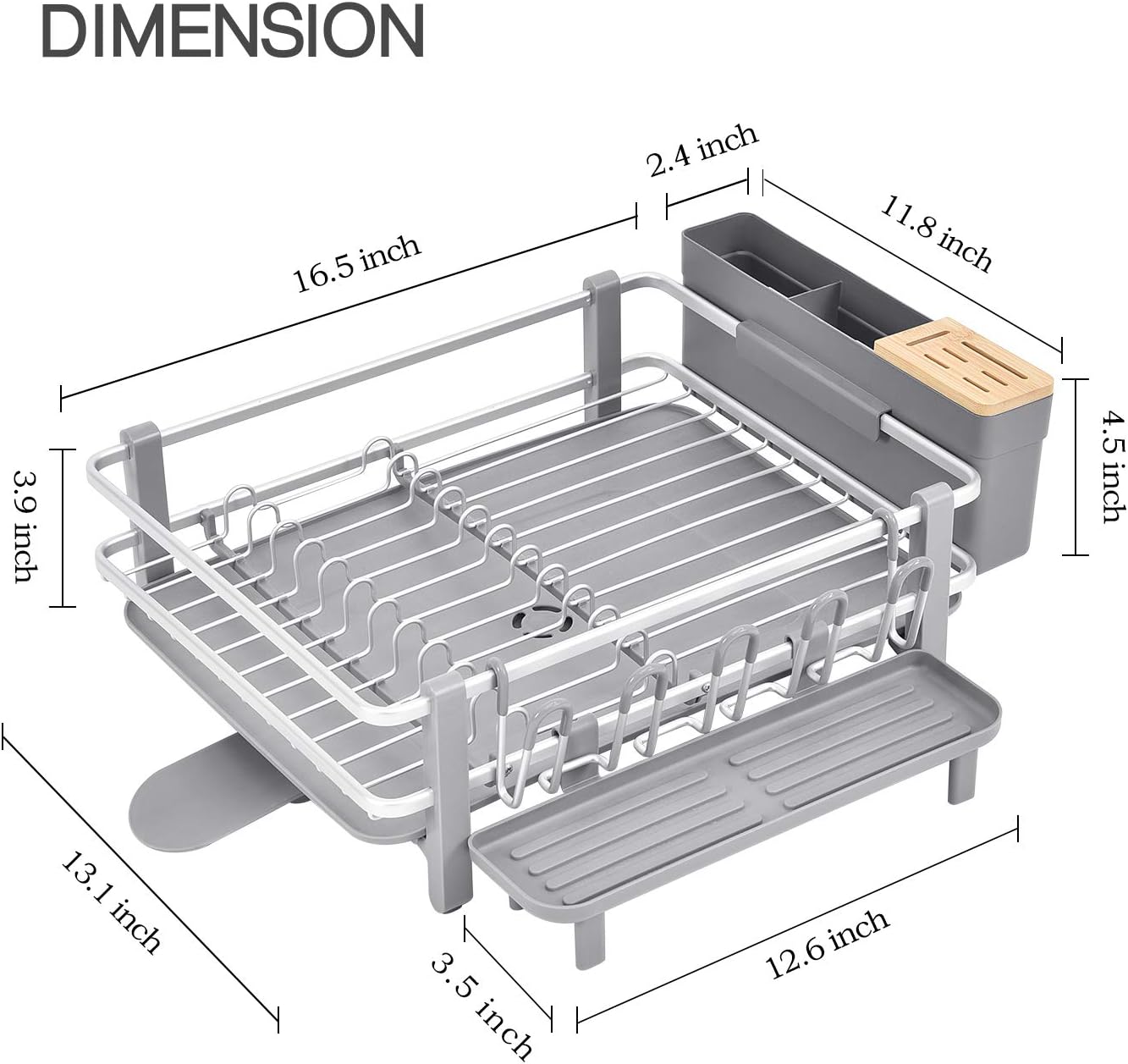 Aluminum Dish Rack, Sink Dish Drying Rack, Dish Drainer with Anti-Rust Frame, Unique 360° Swivel Spout Drainboard Design, Cutlery Holder, Removable Cup Holder for Kitchen Countertop, Grey -