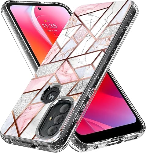 Miniatura 1 de Rosebono Funda híbrida para Moto G Play 2023G Power 2022G Pure Case Hybrid Bling Glitter Sparkle Laser Pink Polígono Geométrico Mármol Funda para