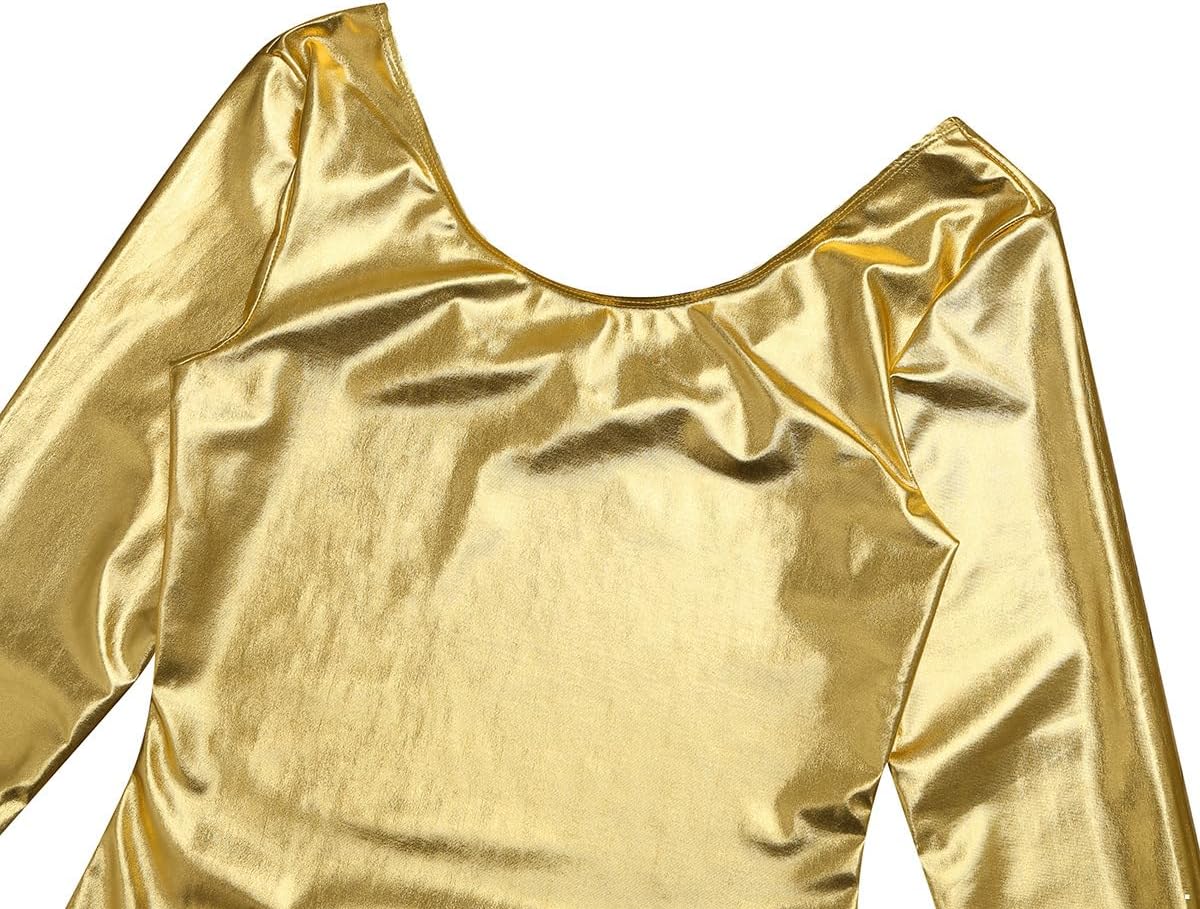 Women's Shiny Metallic Leotards Long Sleeve Dance Gymnastics Leotard Bodysuit Costume