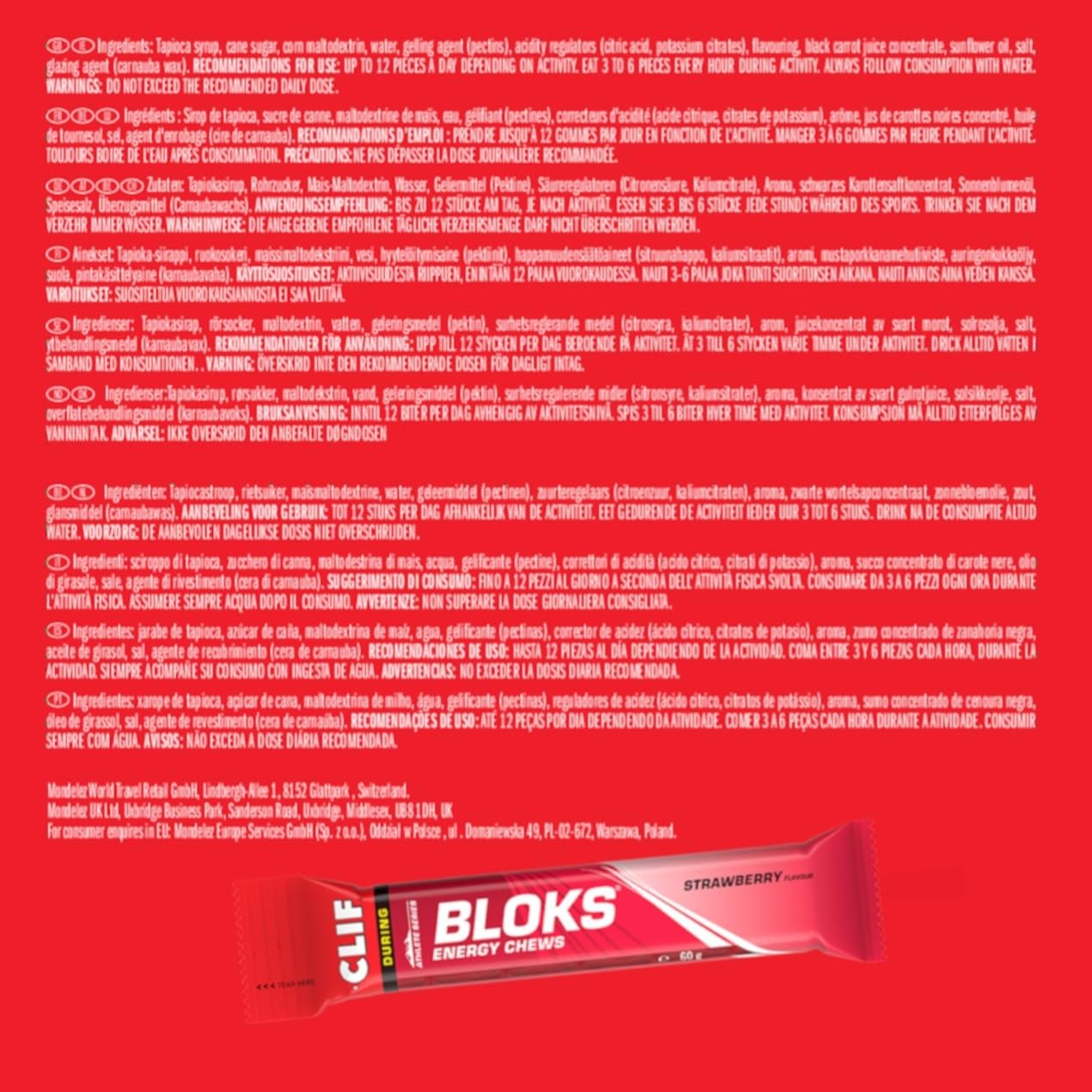 CLIF BLOKS Strawberry Gominolas Energéticas, 18 x 60 g