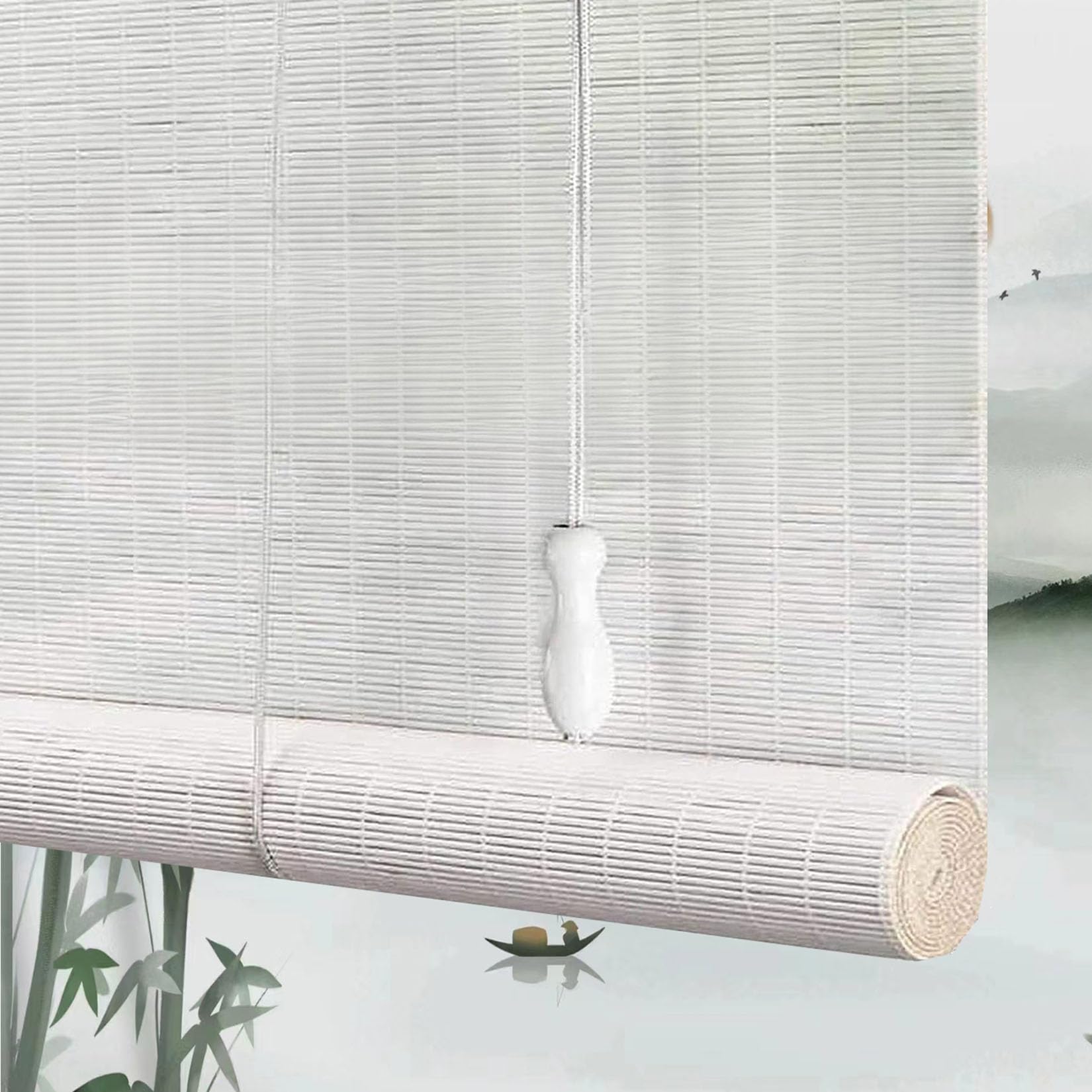 90x130cm Sonnenschutz Bambusrollo in Natur Weiß,Bambus Rollo Raffrollo