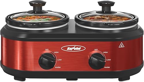 Sunvivi Olla de cocción lenta doble, 2 ollas, mini servidores de buffet y calentador pequeño, olla de cocción lenta manual ovalada doble con olla de