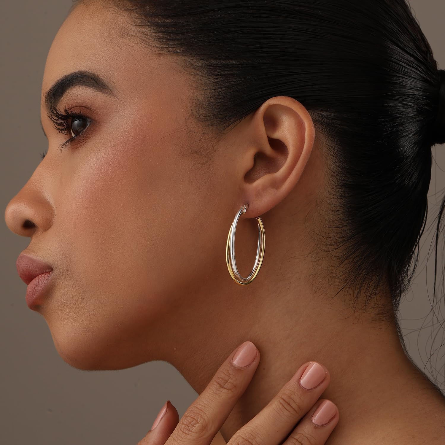 LeCalla 925 Sterling Silver Chunky Hoop Earrings | 14K Two-Tone Three-Tone Hoop Earrings | Intertwining Oval Shape Polished Twisted Hoop Earrings for Women - Image 3