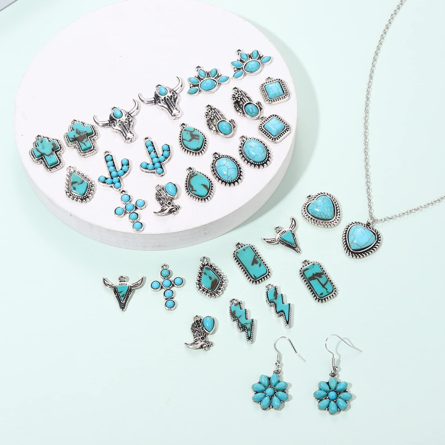 NVENF 32PCS Western Charms for Jewelry Making, Synthetic Turquoise Vintage Cactus Heart Flower Lightning Cowboy Boot Pendant for Bracelet Necklace Earring DIY Crafts - Image 4