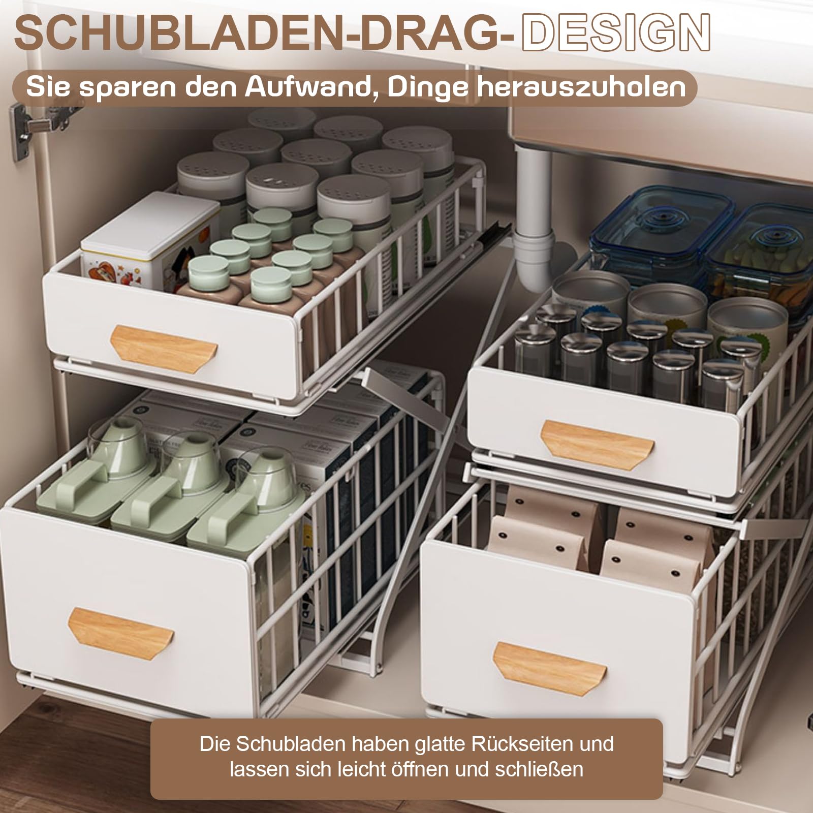 2 Etagen Gewürzaufbewahrung, Schubladen unter dem Waschbecken, Weiß | Metall Gewürzregal, Anhebbares Schrank Organizer küche, Putzmittel Organizer, Höhenverstellbar, 40 * 26 * 43CM,1 Stück