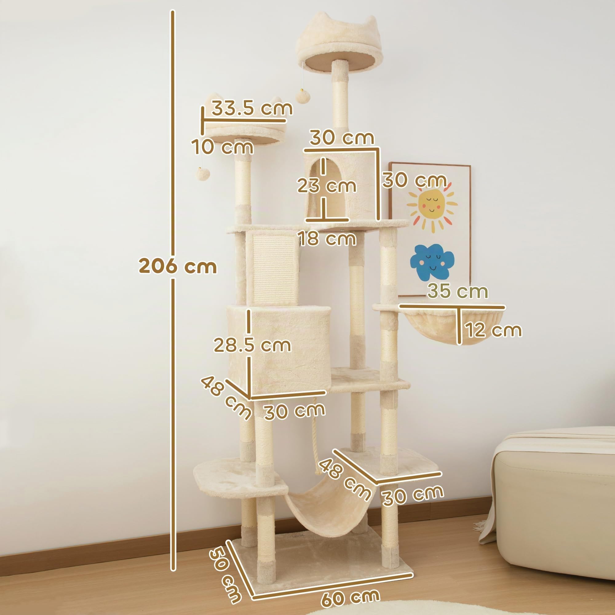 PawHut Tiragraffi per Gatti 206cm con 4 Pali Graffiatoi, Beige