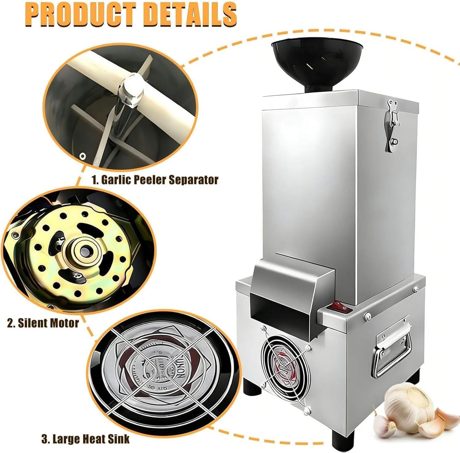 200W Electric Garlic Peeler, Automatic Stainless Steel Garlic Skin Remover for Home & Commercial Kitchens, 25kg/h Output
